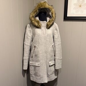 B23 J. Crew Women 16 Tall Wool Gray Trench Coat with Faux Fur Hood Winter